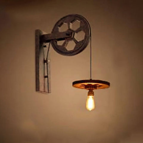 Industrial Pulley Wall Sconce with Wood and Iron Details