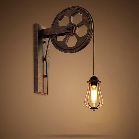 Industrial Pulley Wall Sconce with Wood and Iron Details