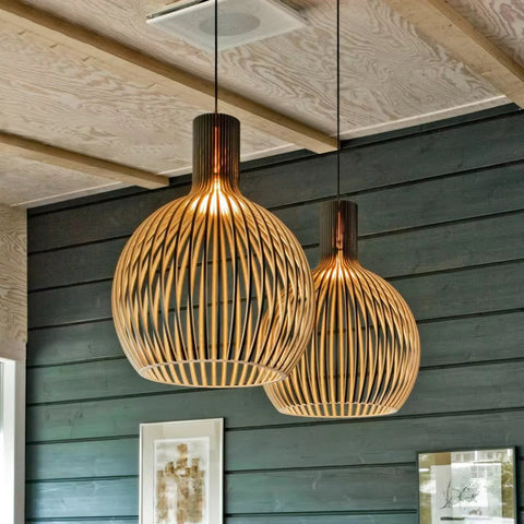Wood Slat Pendant Light with Adjustable Suspension for Modern Interiors