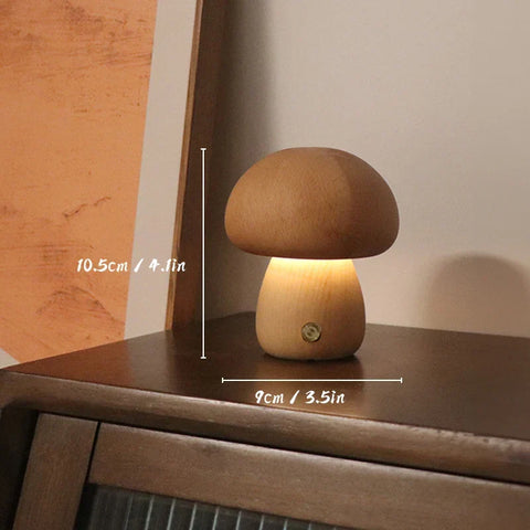 Mushroom-Shaped Wooden Table Lamp with Adjustable Brightness and USB Power