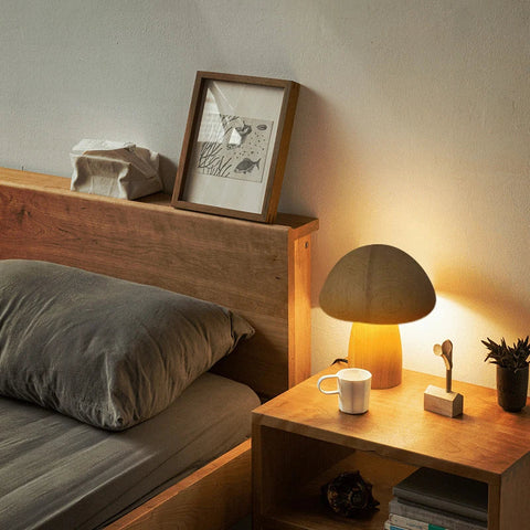 Mushroom-Shaped Wooden Table Lamp with Adjustable Brightness and USB Power