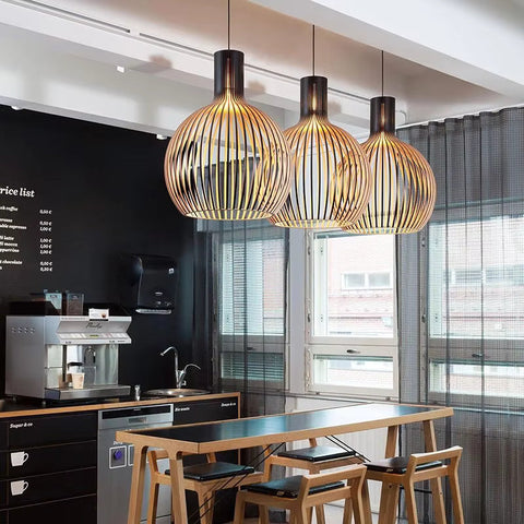 Wood Slat Pendant Light with Adjustable Suspension for Modern Interiors