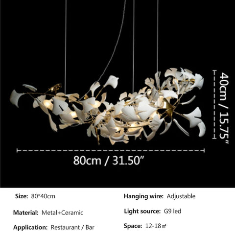 Ginkgo Branch Chandelier with Ceramic Leaf Forms in Metal and Ceramic