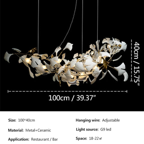 Ginkgo Branch Chandelier with Ceramic Leaf Forms in Metal and Ceramic