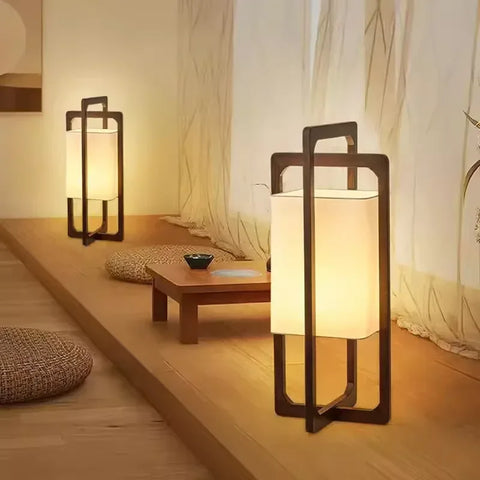 Wooden Lantern Floor Lamp with Open Rectangular Lantern