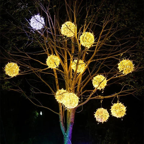 LED Hanging Ball Light with Woven Shade for Indoor and Outdoor Use