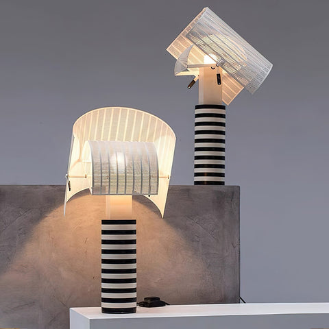 Table Lamp with Striped Column and Sculptural Curved Shade