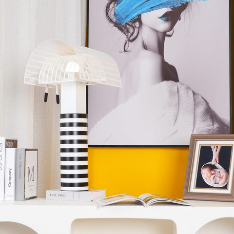 Table Lamp with Striped Column and Sculptural Curved Shade