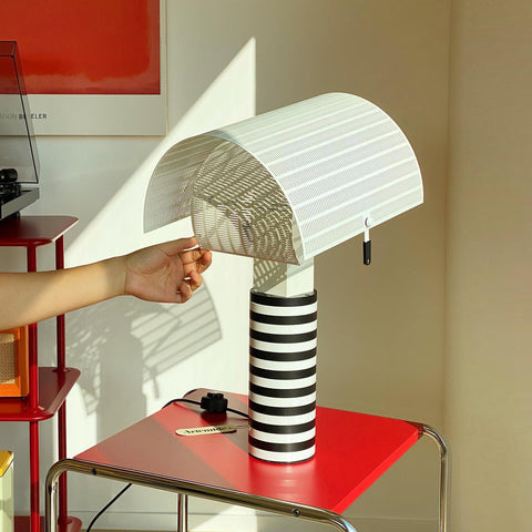 Table Lamp with Striped Column and Sculptural Curved Shade