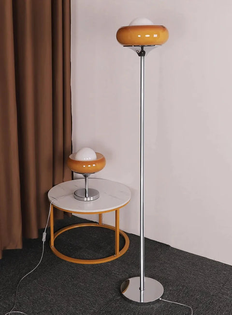 Table or Floor Lamp with Glass Shade and Retro Polished Chrome Base