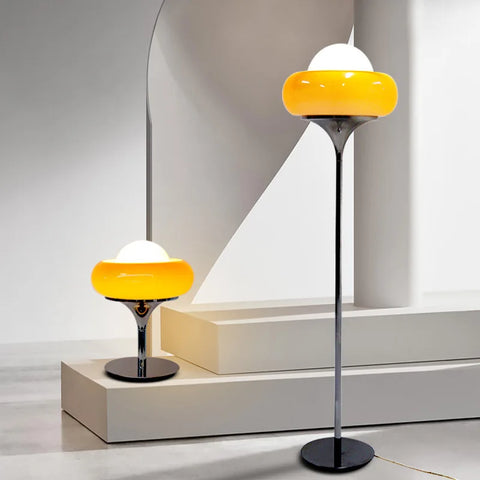 Table or Floor Lamp with Glass Shade and Retro Polished Chrome Base