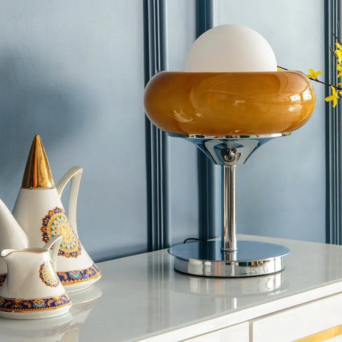 Table or Floor Lamp with Glass Shade and Retro Polished Chrome Base