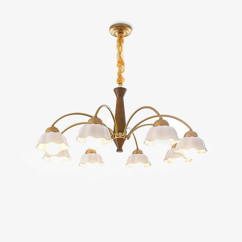 Chandelier with Scalloped Ceramic Shades and Walnut Details