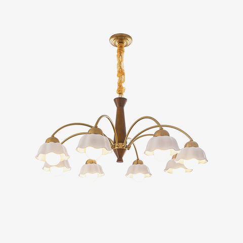 Chandelier with Scalloped Ceramic Shades and Walnut Details