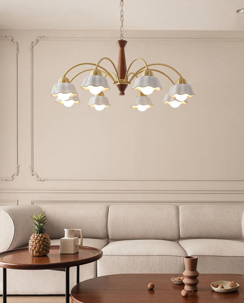 Chandelier with Scalloped Ceramic Shades and Walnut Details