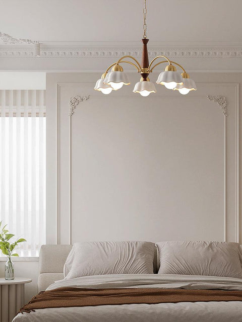 Chandelier with Scalloped Ceramic Shades and Walnut Details