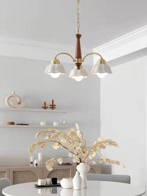 Chandelier with Scalloped Ceramic Shades and Walnut Details
