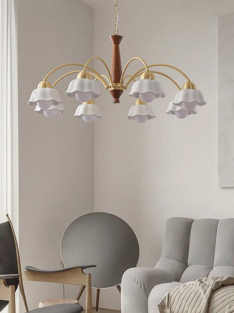 Chandelier with Scalloped Ceramic Shades and Walnut Details