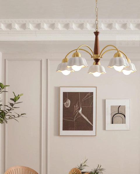 Chandelier with Scalloped Ceramic Shades and Walnut Details