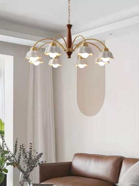 Chandelier with Scalloped Ceramic Shades and Walnut Details