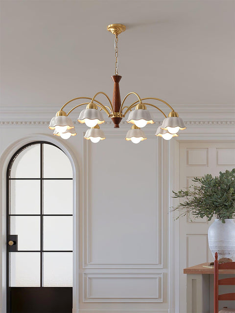 Chandelier with Scalloped Ceramic Shades and Walnut Details