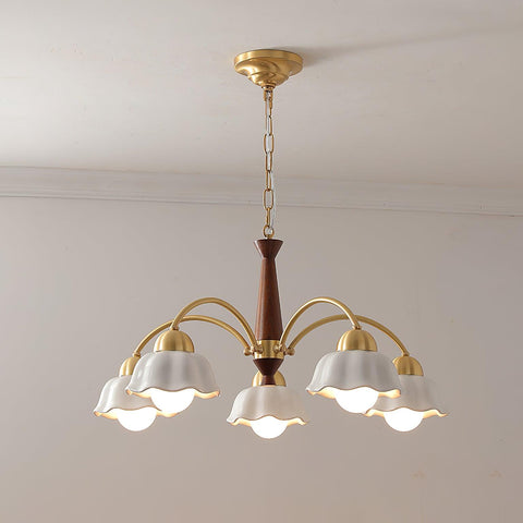 Chandelier with Scalloped Ceramic Shades and Walnut Details