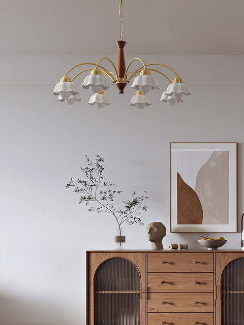 Chandelier with Scalloped Ceramic Shades and Walnut Details