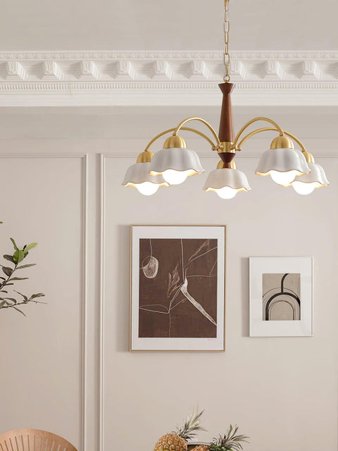 Chandelier with Scalloped Ceramic Shades and Walnut Details