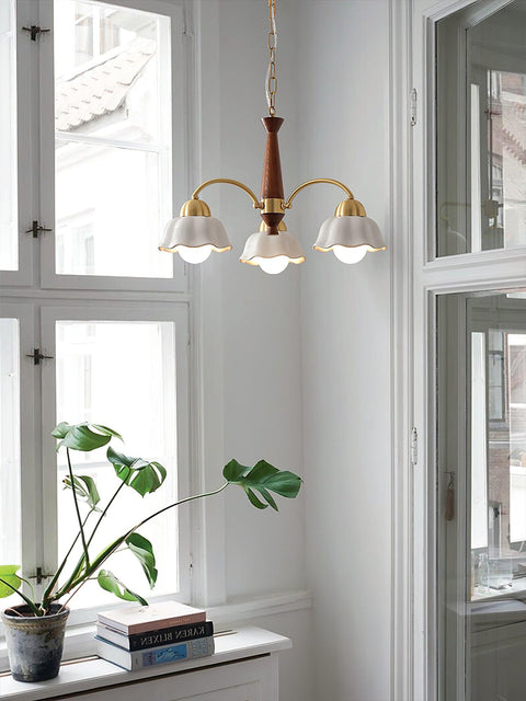Chandelier with Scalloped Ceramic Shades and Walnut Details