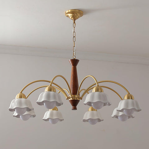 Chandelier with Scalloped Ceramic Shades and Walnut Details