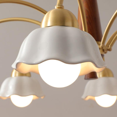 Chandelier with Scalloped Ceramic Shades and Walnut Details