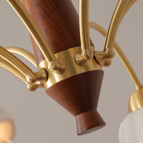 Chandelier with Scalloped Ceramic Shades and Walnut Details