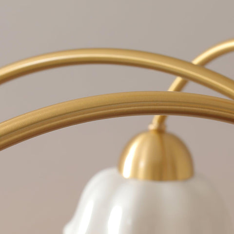 Chandelier with Scalloped Ceramic Shades and Walnut Details