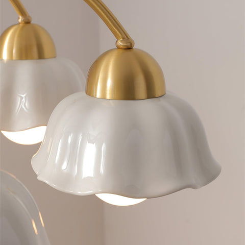 Chandelier with Scalloped Ceramic Shades and Walnut Details