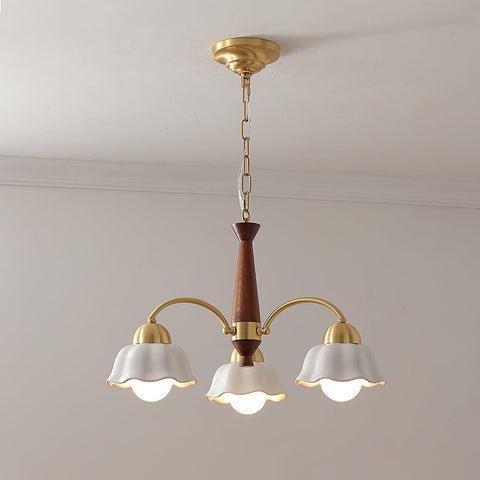 Chandelier with Scalloped Ceramic Shades and Walnut Details