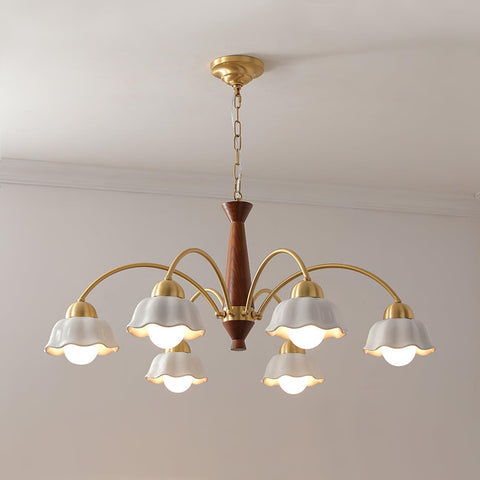 Chandelier with Scalloped Ceramic Shades and Walnut Details