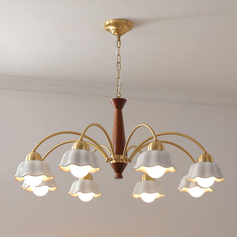 Chandelier with Scalloped Ceramic Shades and Walnut Details