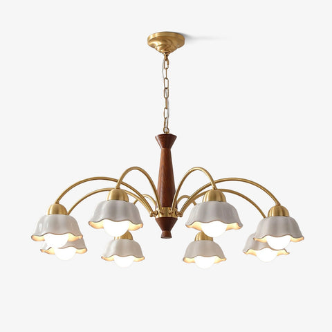Chandelier with Scalloped Ceramic Shades and Walnut Details