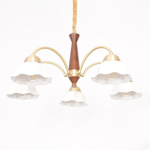 Chandelier with Scalloped Ceramic Shades and Walnut Details