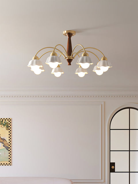 Chandelier with Scalloped Ceramic Shades and Walnut Details