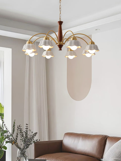 Chandelier with Scalloped Ceramic Shades and Walnut Details
