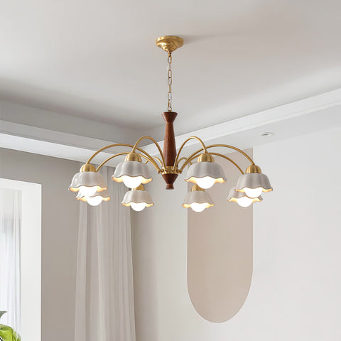 Chandelier with Scalloped Ceramic Shades and Walnut Details