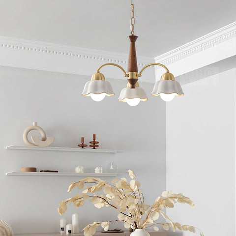 Chandelier with Scalloped Ceramic Shades and Walnut Details