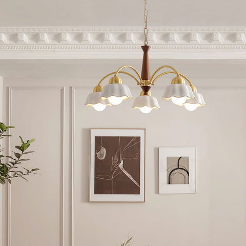Chandelier with Scalloped Ceramic Shades and Walnut Details