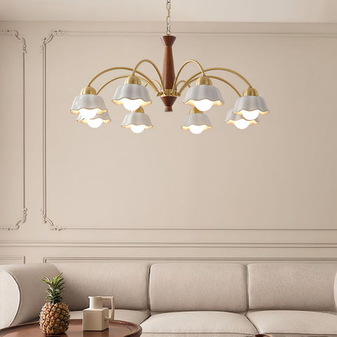 Chandelier with Scalloped Ceramic Shades and Walnut Details