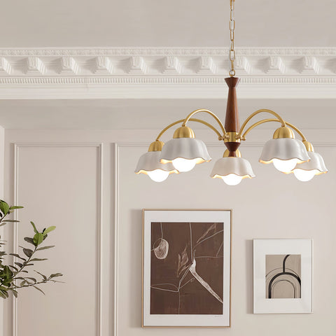Chandelier with Scalloped Ceramic Shades and Walnut Details