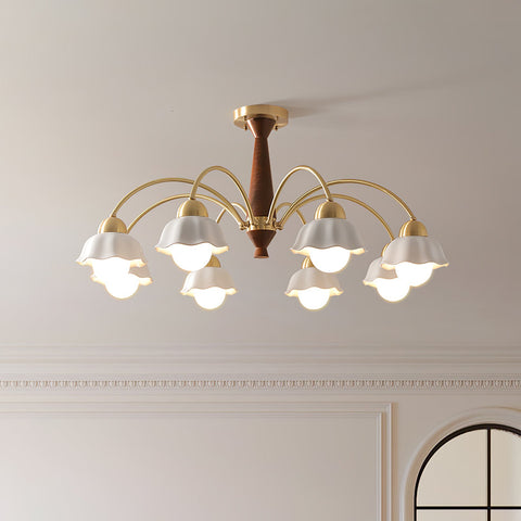 Chandelier with Scalloped Ceramic Shades and Walnut Details