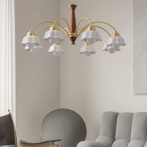 Chandelier with Scalloped Ceramic Shades and Walnut Details