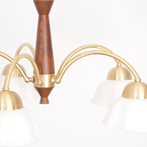Chandelier with Scalloped Ceramic Shades and Walnut Details