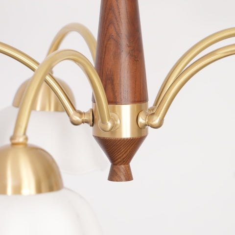 Chandelier with Scalloped Ceramic Shades and Walnut Details